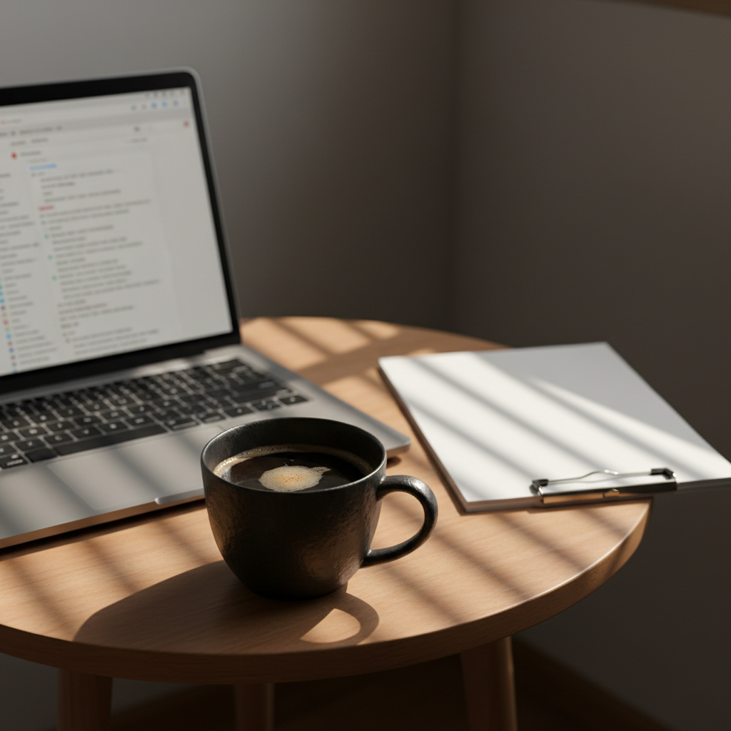 A dark ceramic mug with a thin, uneven lip sits abandoned on a small wooden table, half-filled with black coffee now forming a faint skin on its surface. Beside it, an open laptop displays a blurred, unread email inbox, and a neatly stacked pile of papers lies untouched. The scene is illuminated by late afternoon light filtering through blinds, creating narrow bands of brightness that cut across the table while leaving the corners of the room in soft shadow. Captured from a slightly elevated angle with a shallow depth of field, the mug remains in sharp focus as the world around it drifts into blur. The mood is heavy yet refined, a photographic, minimalist composition that whispers of stalled productivity and invisible emotional struggle.