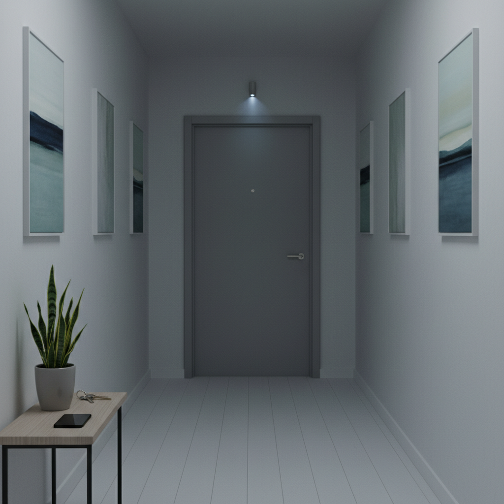 A hallway in a modern apartment stretches away into darkness, lined with clean white walls and cool-toned framed abstract art. At the far end, a closed door stands perfectly aligned, its metallic handle catching a sliver of dim, cool overhead lighting. On a slim console table near the foreground, a small, thriving green plant sits beside a neatly arranged set of keys and a silent, black-screened smartphone. Photographed from a low, centered perspective, the composition draws the eye toward the closed door, emphasizing distance and quiet separation. The image is rendered in high-resolution photographic realism with subtle shadows and desaturated colors, creating a sophisticated, contemplative atmosphere that evokes the isolation and emotional distance of severe depression hidden behind ordered surfaces.