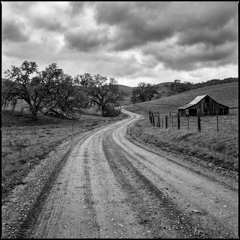 A winding dirt road leading past an old barn under dark clouds.